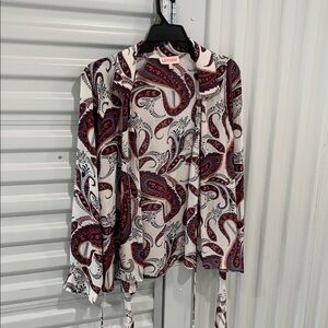 Leyden Red and White Long Sleeve Button Down Shirt with Tie Front